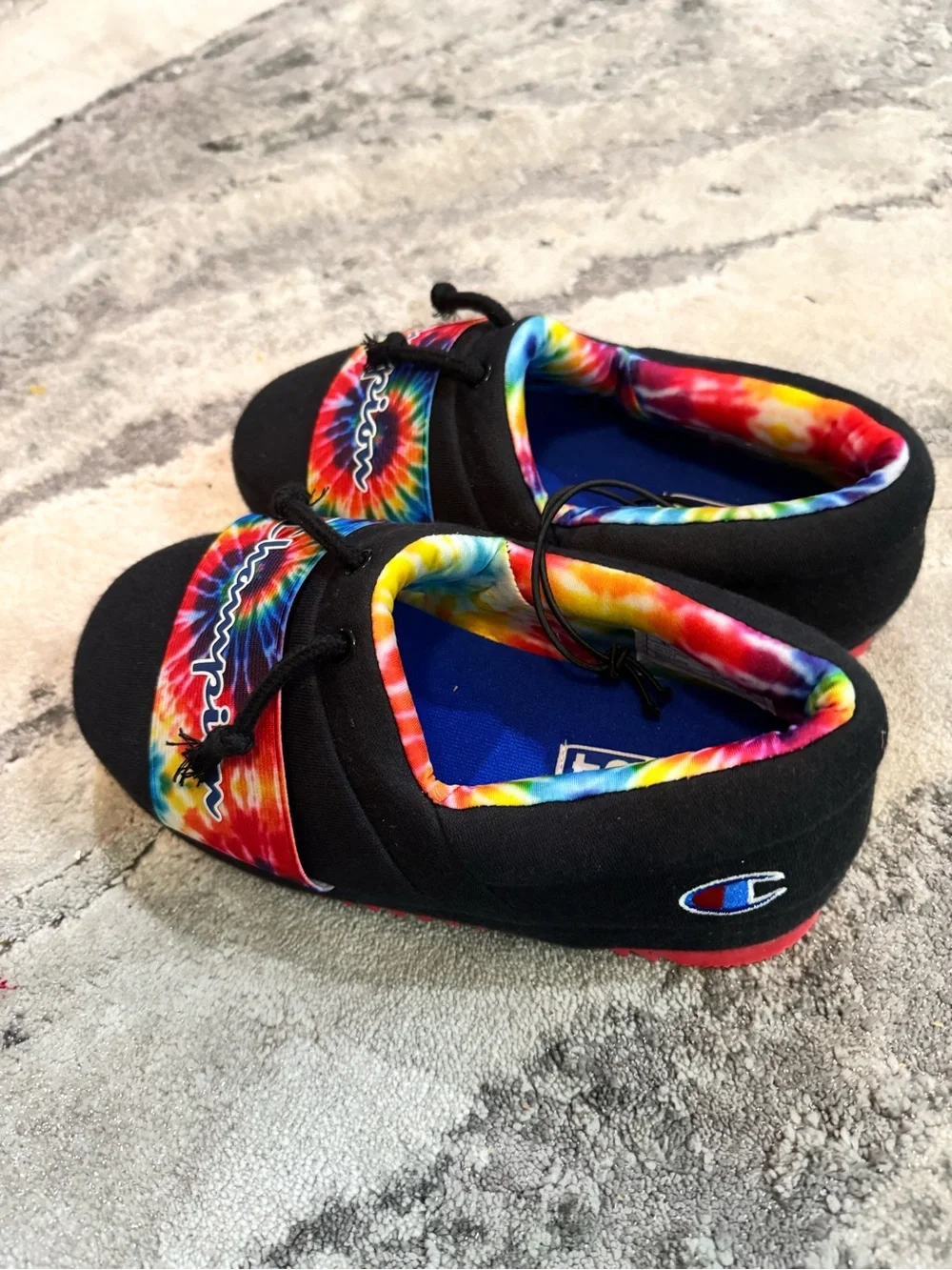 Champion Kids Black Slip-On Shoes with Rainbow Tie-Dye Accents